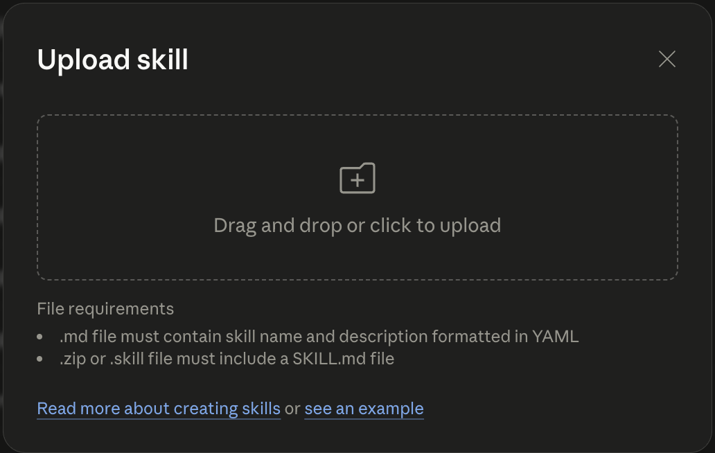 The Upload skill drag-and-drop dialog