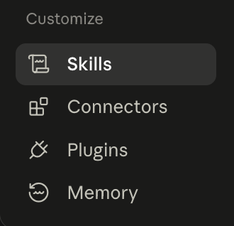The Customize menu with a Skills tab